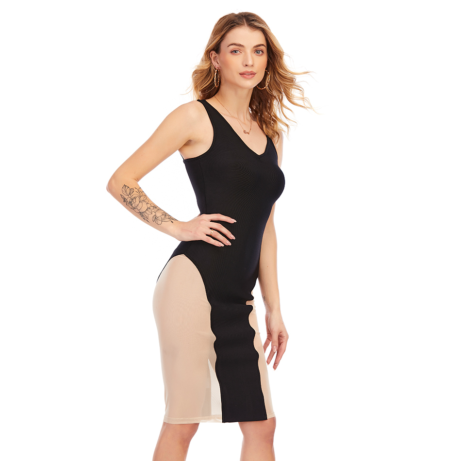 Free Women's Contrasting Color Bandage Dress Sexy Spaghetti Strap V-neck Bodycon Club Night Party Midi Dresses 210524