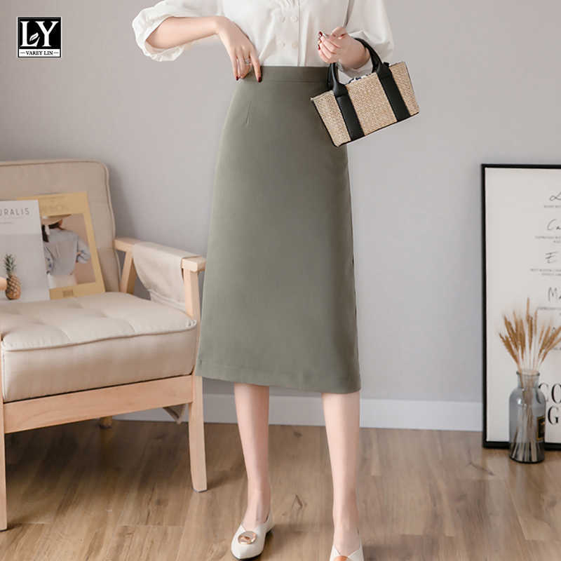 LY VAREY LIN Summer Women OL Style Solid Color Black Split Skirts Casual Slim Fit High Waist Midi Pencil Skirt Female 210526