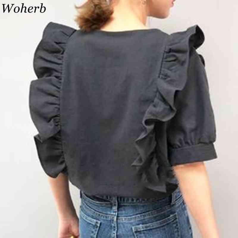 Korean Summer Ruffles Female Shirts Short Sleeve O-neck Women Tops Blouse Chic Casual Blusas Camisetas 210519