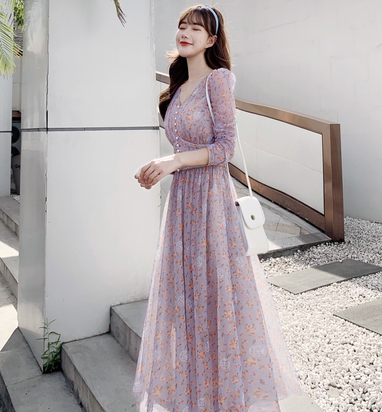 Korean Spring Elegant Flowers Print V-Neck Maxi Dress Vestidos Retro Sexy High Waist Slim Chiffon Robe Femme 210519