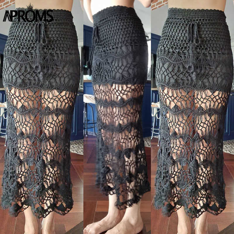 Aproms Bohemia Crochet Kintted Long Maxi Skirt Women Vintage Cotton Hollow Out Skirts Ladies Summer Beach Pencil 210619