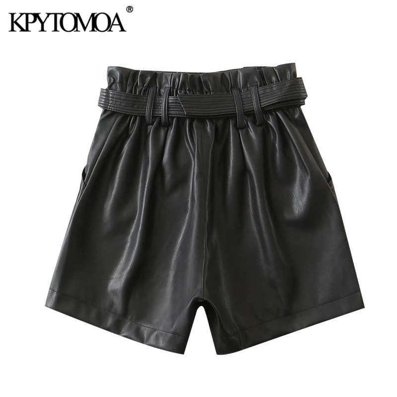 KPYTOMOA Women Chic Fashion With Belt Faux Leather Shorts Vintage High Waist Zipper Fly Pockets Female Short Pants Mujer 210714