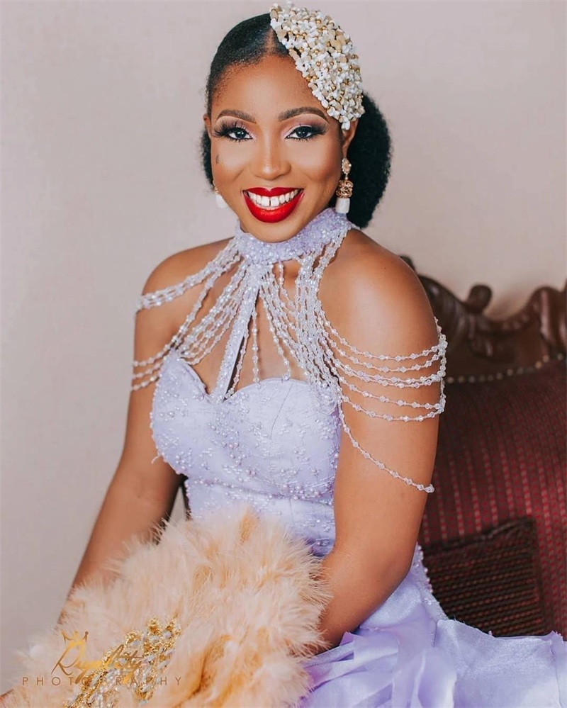 Luxury Mermaid Prom Dresses Halter Beading Organza Puffy Ruffles Plus Size Party Evening Dress Lavander Custom Made Pageant marriage Wear