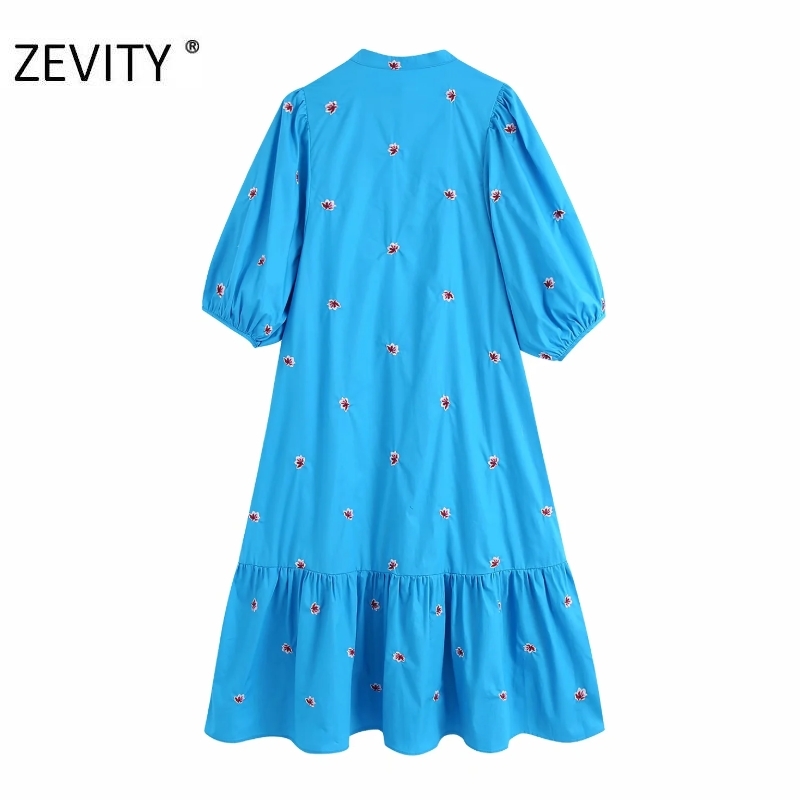 women vintage lantern sleeve flower embroidery midi shirtdress female hem pleats vestidos chic casual loose dresses DS3436 210409