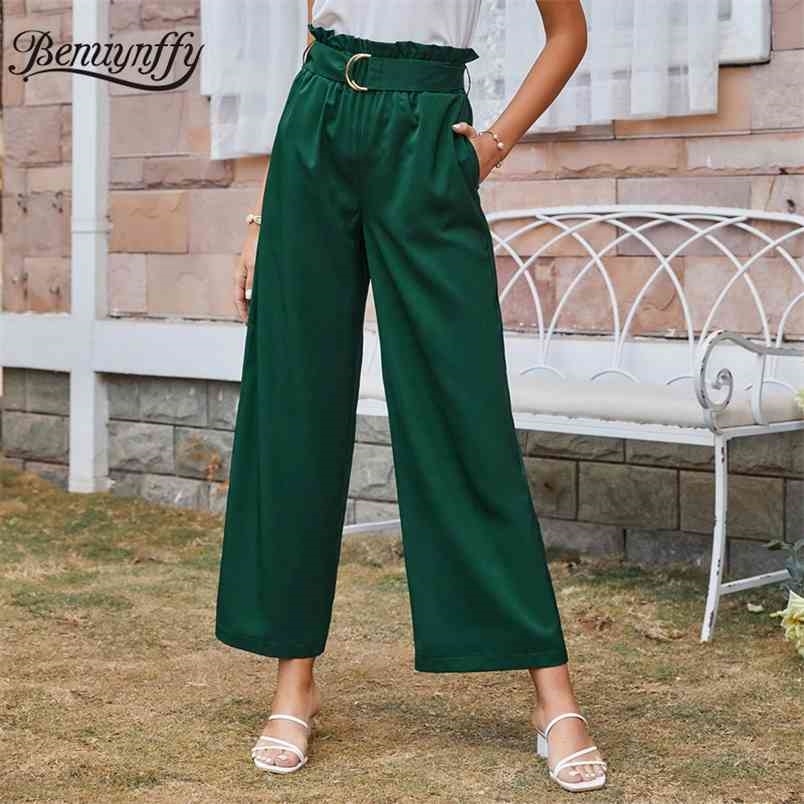 Paperbag Waist Solid Wide Leg Pants Summer Clothes for Women Vintage Pocket Office Ladies Elegant Belted 210510