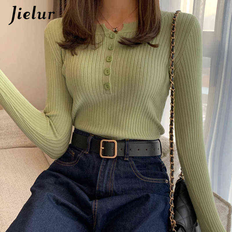 Jielur Sweater Women Solid Color O-neck Pullovers Basic Primer Pull Femme Button Chic Jumper Soft Slim Autumn Knitted Sweaters 211109