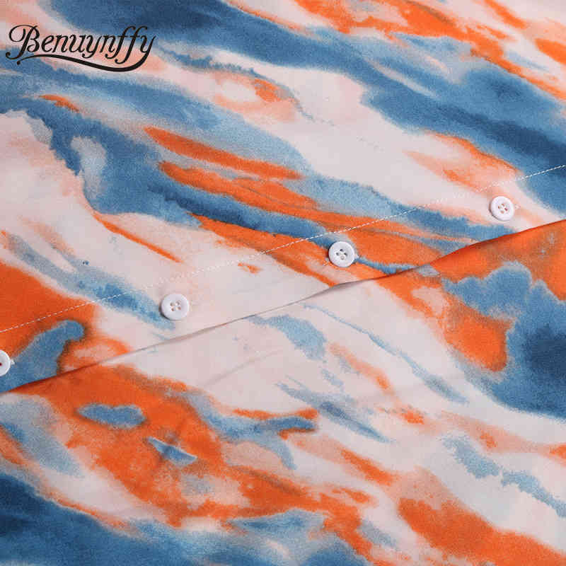 V-neck Half Sleeve Tie Dye Shirt Dresses Women Summer Casual Fashion A-line Split Midi Dress with Belt 210510