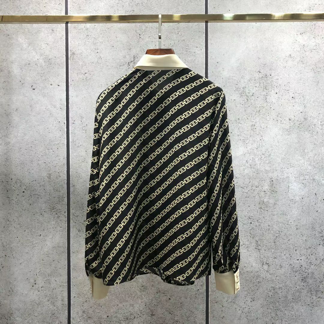Lisa celebrity style chain printed bow tie office lady blouse shirt women female black turn down collar tops fashion chic 210421