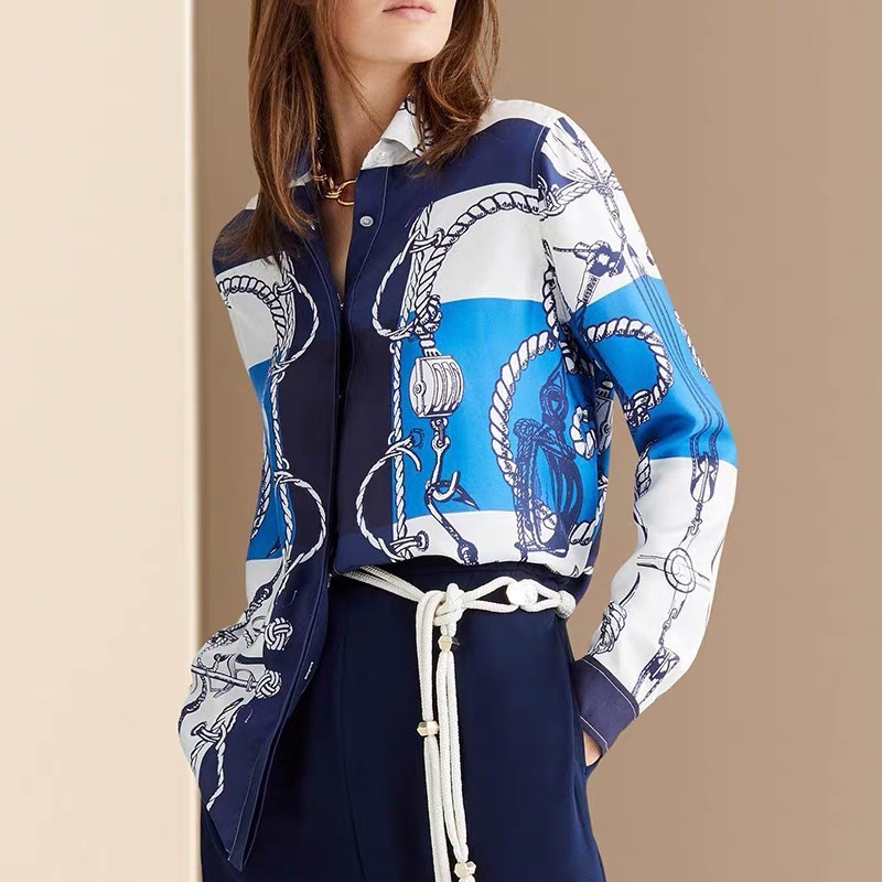 Vintage Chain Printing Women Long Sleeve Shirts Spring Leisure Lady Turndown Collar Blouses shirt Loose Tops 210421