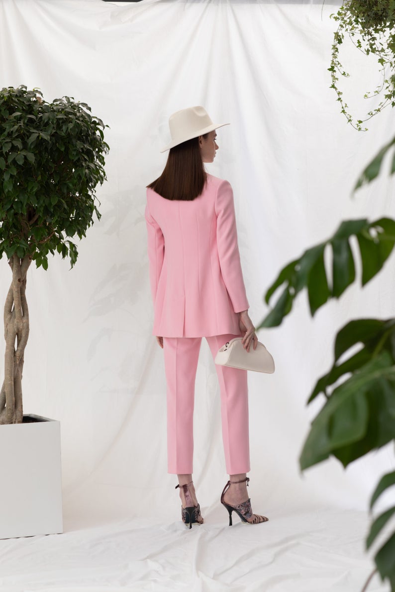 Graceful Pink Blazer Suits Women 2 Pieces Slim Fit Double Breasted Evening Party Prom Office Lady Outfit Tuxedos (Jacket+Pants)