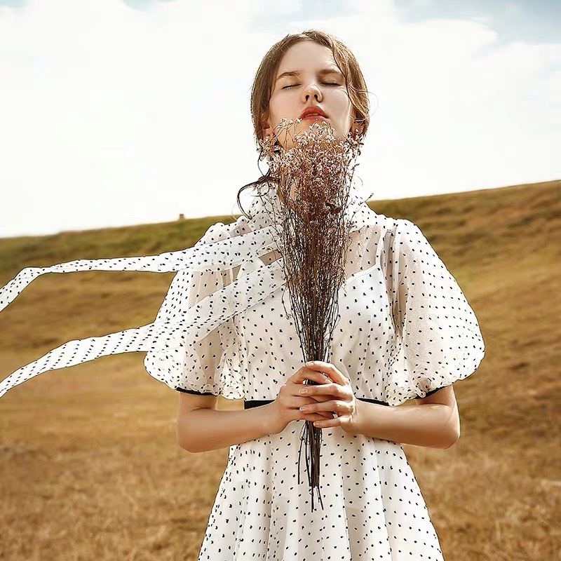 Vintage Elegant Puff Short Sleeve Dot Print Bow Knee Length Party Dress Women Lady Office Work Casual Vestidos 210421