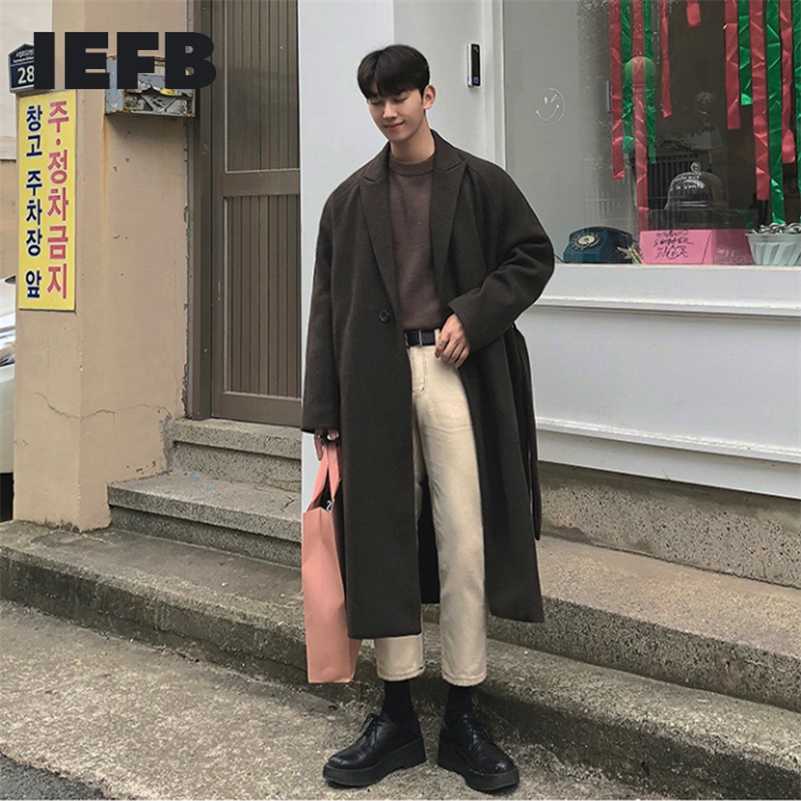 IEFB Men's Autumn Winter Thickened Woolen Coat Men's Medium Long Over The Knee Korean Single Button Overcoat With Belt 9Y5235 211122