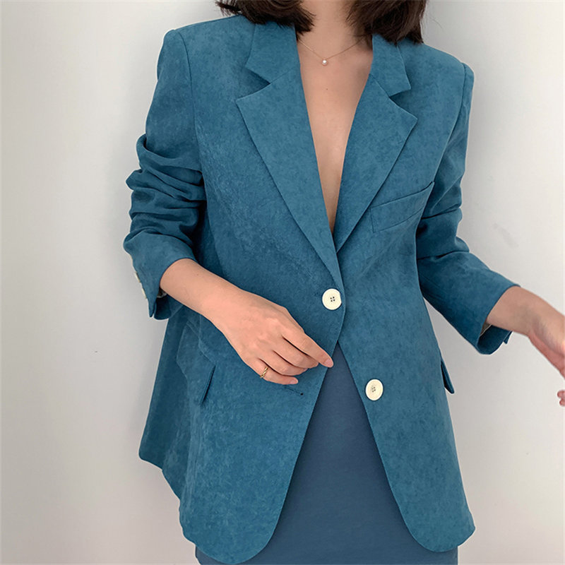 Loose Plus Size S-XL Femme Solid All Match Vintage Jackets Blue Retro Fashion Streetwear OL Oversize Blazers 210421