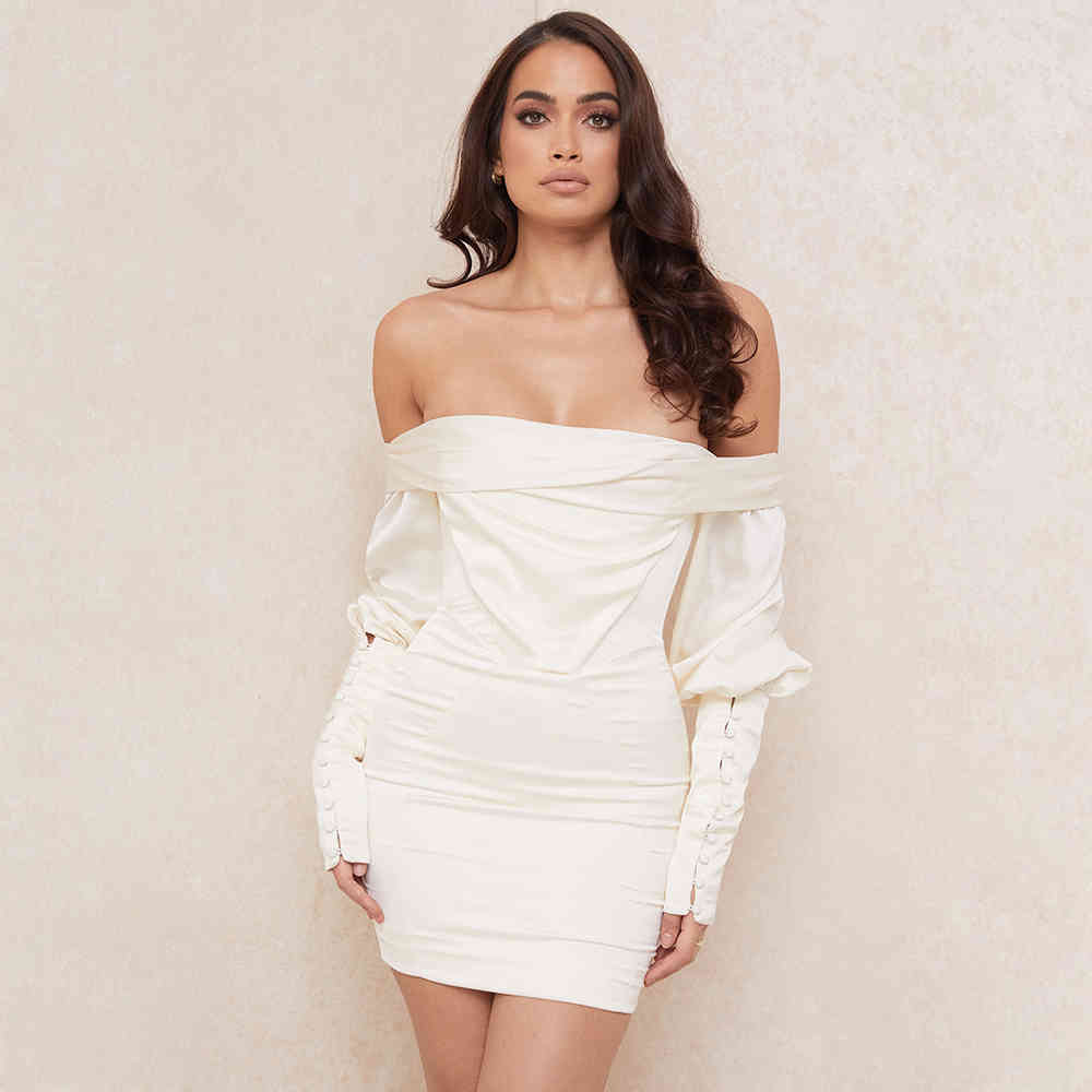 Summer Women Fashion White Off Shoulder Long Sleeve Dress Sexy Lady Mini Club Celebrity Evening Runway Party Dresses 210423