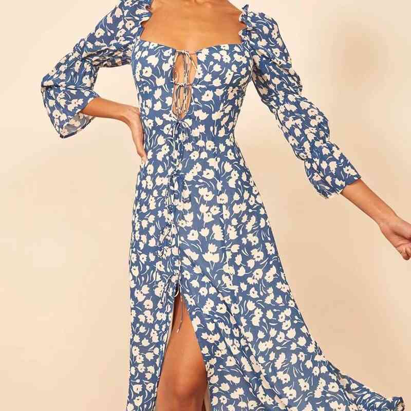 Retro Blue White Floral Print Lacing up 3/4 sleeve Mid Long Slit Dress Woman Vintage French Chiffon Split Dresses Holiday 210429