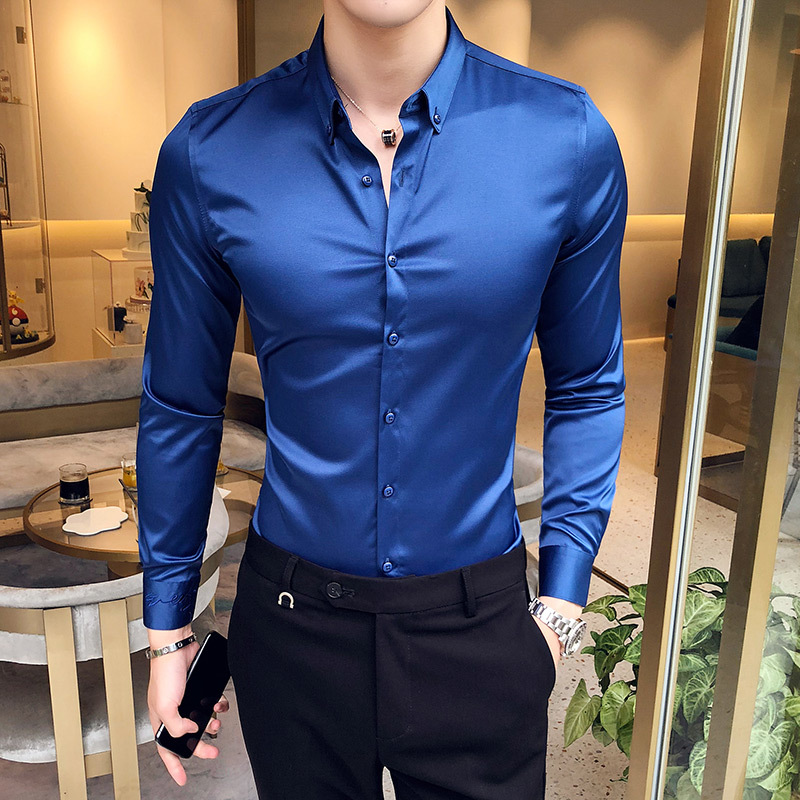 Neckline Embroidery Mens Shirts Long Sleeve Casual Slim Fit Men Dress Shirts Solid Color Formal Business Social Clothing Blouse 210410