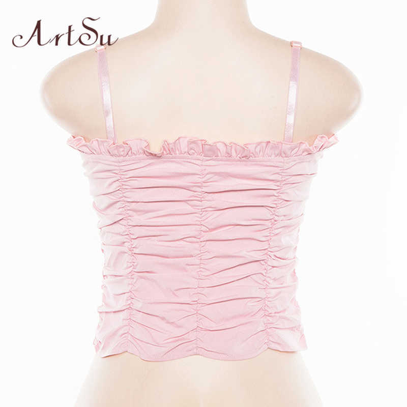 ArtSu Pink Crop Tops Women Lace Up Sexy Summer Spaghetti Strap Top Cute Camis Ladies Summer Tops Cami ASVE20530 210625