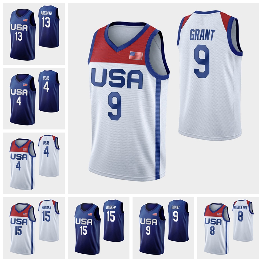 2021 TokyoOlympicsMEN Basketball 14 Draymond Green 9 Jerami Grant 15 Devin Booker 4 Bradley Beal 13 Bam Adebayo 8 Khris Middleton Royal White Jersey
2021 TokyoOlympicsMEN Basketball 14 Draymond Green 9 Jerami Grant 15 Devin Booker 4 Bradley Beal 13 Bam Adebayo 8 Khris Middleton Royal White Jersey