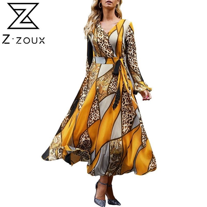 Women Dress V Neck Flare Sleeve Printed Bohemia es Sexy Long Print Maxi Lace Up Large Hem Plus Size es 210513