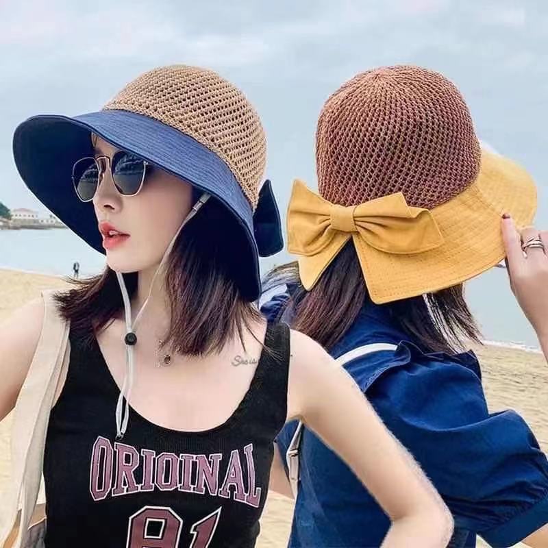 Factory version women's bucket Korean Splicing thin cut fisherman's out bow sun protection round wide brim summer hat