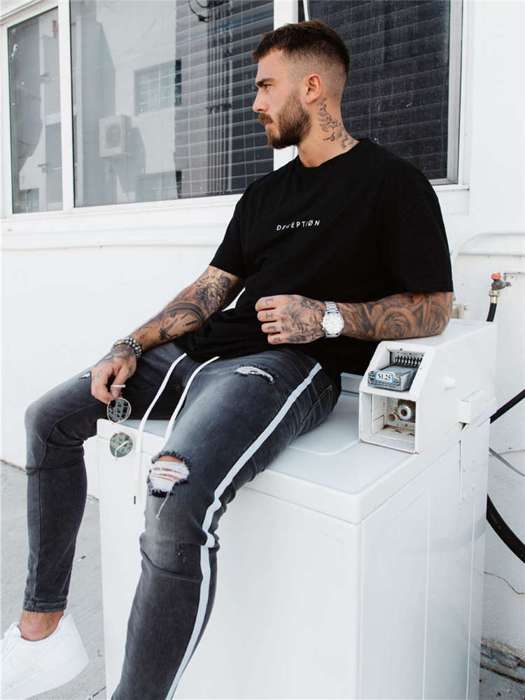 Tejanos Blancos Hombre Hole Mens White Jeans Slim Fit Side Stripe Biker Skinny Spijkerbroeken Heren Denim