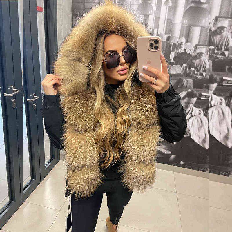 MAOMAOKONG Fashion short Women's Real fur coat natural raccoon big fur collar winter parka bomber jacket Waterproof 211206