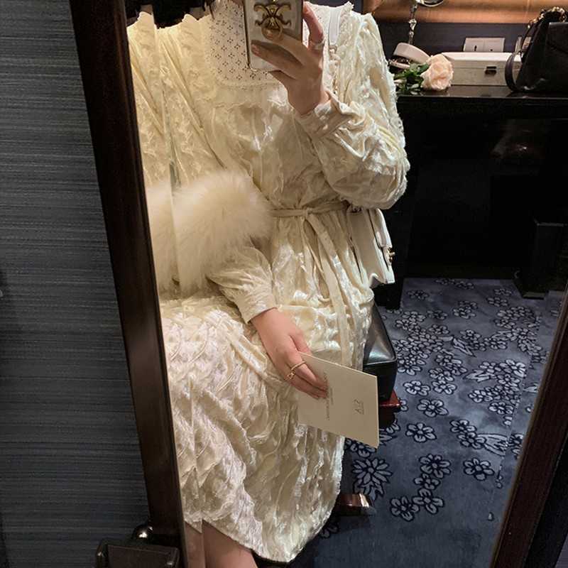 Yedinas Vintage Lace Long Dress Women Stand Collar Vestidos With Belt Ladies Diamond Velvet Dresses Spun Yarn Elegant Robe Femme 210527