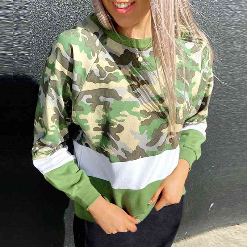 Women Camouflage Print Hoodies Fashion Color Matching Patchwork O-Neck Long Sleeve Sweatshirt Autumn Casual Loose Pullovers Tops 210526
Women Camouflage Print Hoodies Fashion Color Matching Patchwork O-Neck Long Sleeve Sweatshirt Autumn Casual Loose Pullovers Tops 210526