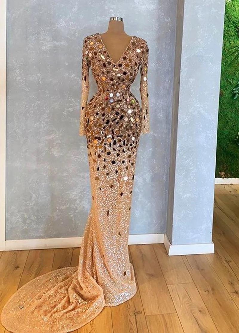 Urious Gold Sequined Lace Prom Dresses Wear Crystal Beaded Sequins African Dubai V Neck Long Sleeves Mermaid Evening Vintage Formal Party Pageant Gown