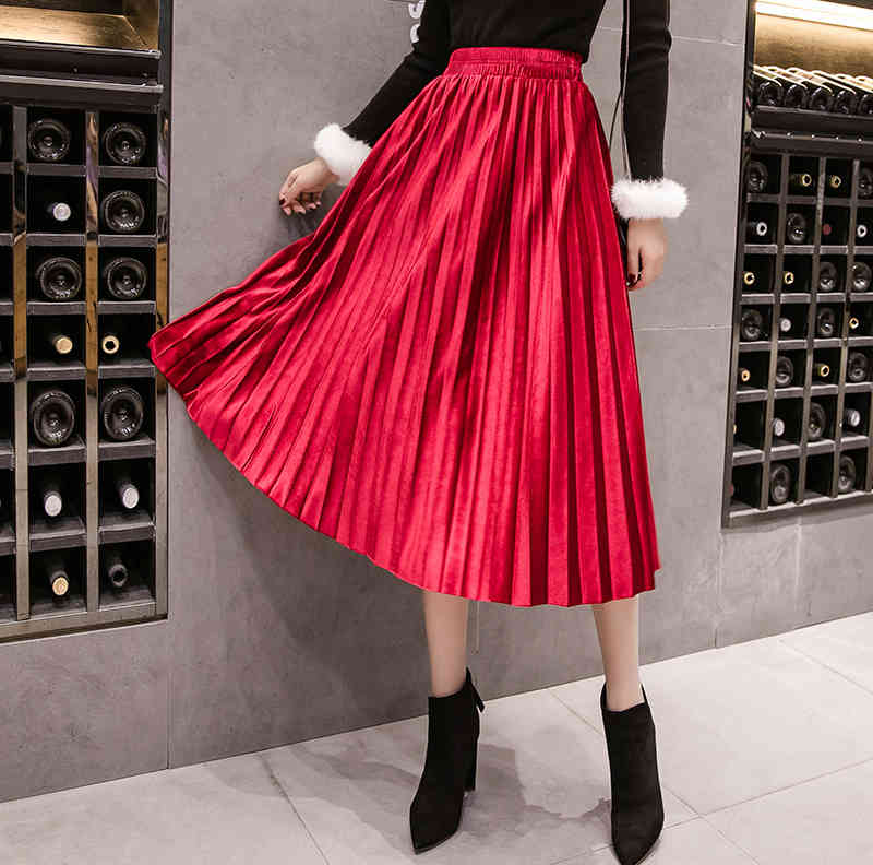 Gold Velvet Skirt Women's Autumn and Winter A-line Mid-length Pleated High Waist All-match Long 210514