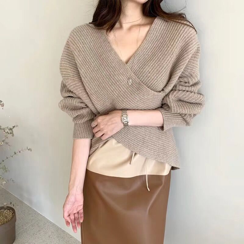 OL Wear Women Sweater Fashion Elegant Knitted Pullovers Jumper Spring Autumn Good Fabric Sexy V-neck Pull Femme 210421