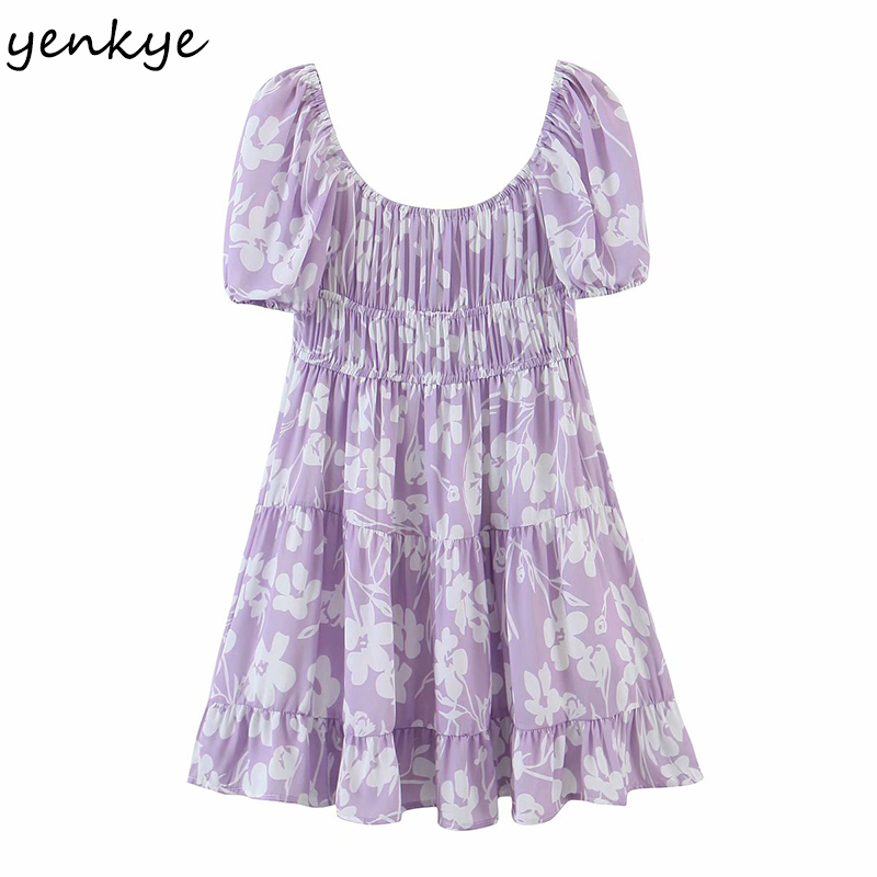 YENKYE Holiday Summer Dress Women Sexy Collar Puff Sleeve Drawstring Lace Up Robe Femme Floral Print Short Vestido Casual 210515