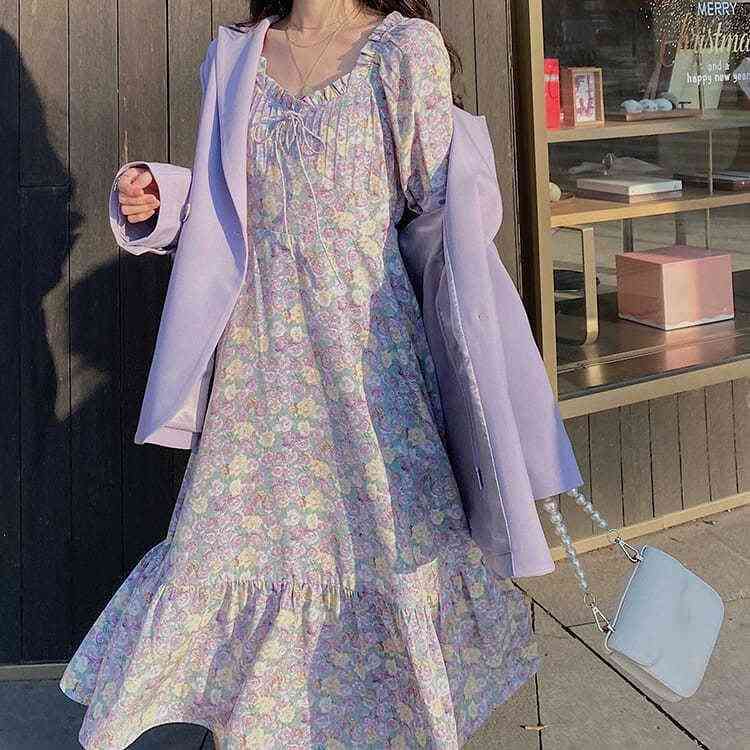 Purple Floral Midi Dress Women Summer French Vintage Dress Korean Flower Elegant Strap Dress Female Summer 210521
