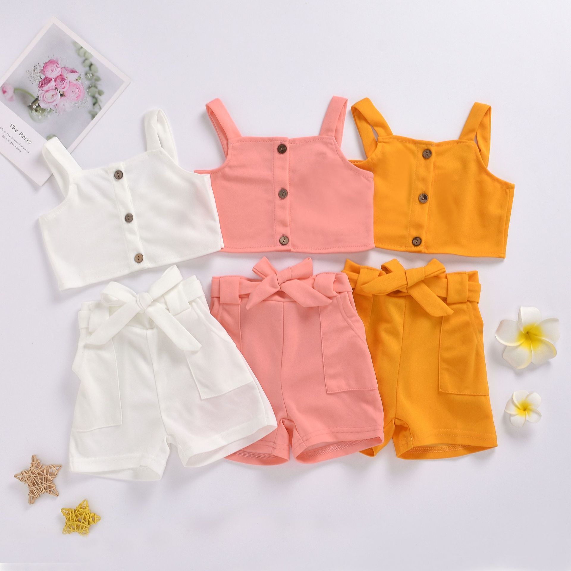 1-5 Years Old Summer Girl Suit Solid Color Button Camisole + Bow Shorts Two-piece Sweet Casual Clothes 210515