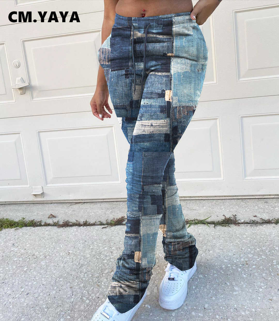 CM.YAYA Jeans Print Women Pants Legging High Waist Flare Bell Bottom Ruched Stack Trousers Draped Jogger Sweatpants 211007