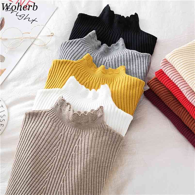 Knitted Women Ruffle Turtleneck Sweater Pullovers Casual Solid Autumn Winter Basic Womens Sweaters Slim Fit Jumpers 210519