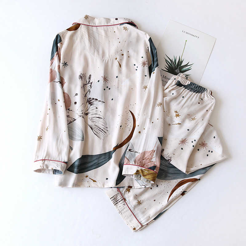 Women's Summer Two-piece Home Suit for Spring and Summer Thin Long-sleeved Viscose Cotton Pants Pajamas Women Summer Cotton Suit 210924