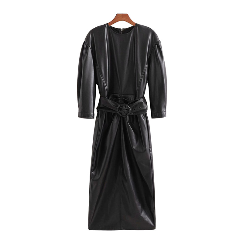 Vintage Woman Black Leather Sashes Long Dress Fashion Ladies Fall Sleeve Pu es Female Cool Solid Color 210515