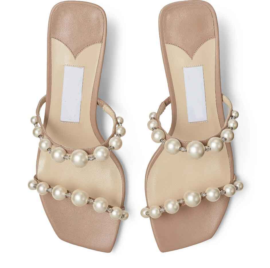 Luxurious Design Amara Women Sandal Pearl Strap Slippers Chunky Heels Mule Square Toe Lady Summer Pumps Dress Party Wedding EU35-43.Box