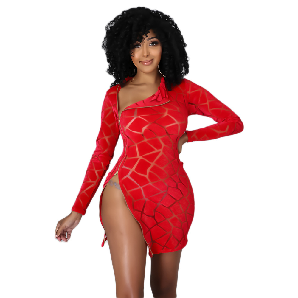 Chic Zipped Mini Dress Royal Blue Womens Long Sleeve Side Slit Skinny Veet Short Party Dresses Birthday Outfits