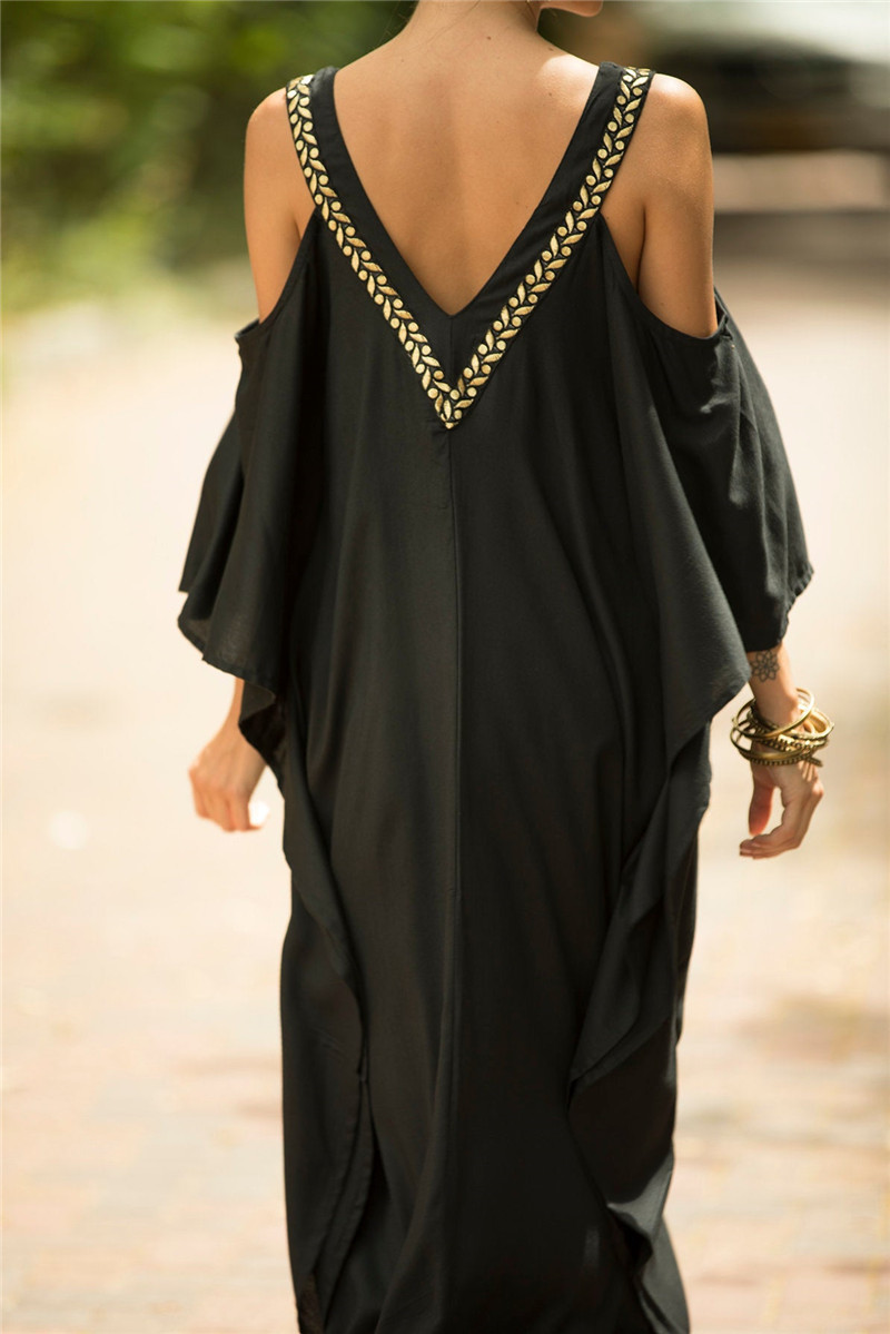 Elegant Black Kaftan Beach Tunic Cover up Saida de Praia Swimsuit Women Bikini cover Pareo Sarong wear Q943 210420