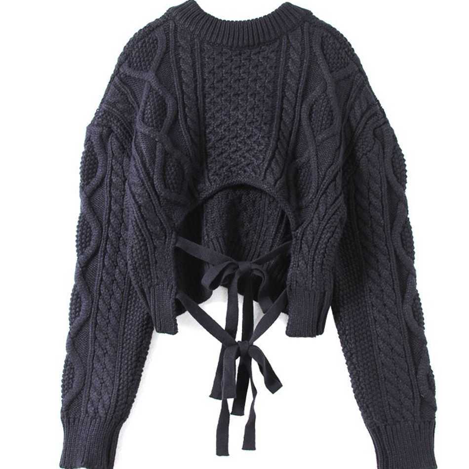 Yedinas Autumn Winter Sweater Women Sweaters And Pullovers Pull Femme Long Sleeve Lace Up Black Jumper Female Knitted Tops 210527