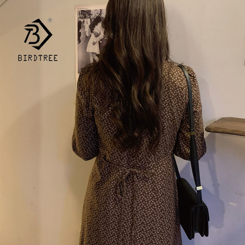 Spring Autumn Girls Drawstring Sleeve Boho Beach V Neck Floral Print Robe Medium Long T-Shirt Dress T0D902C 210416