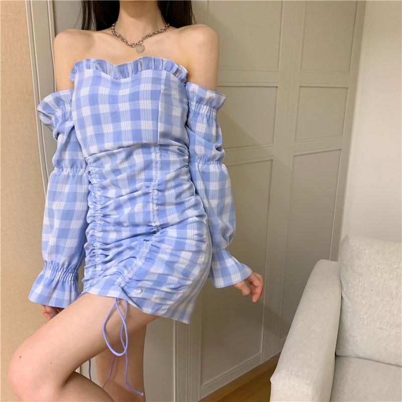 Casual Dresses 2021 Autumn Sexy Waist Puff Sleeves Slimming Shoulder Bag Hip Drawstring Plaid Dress