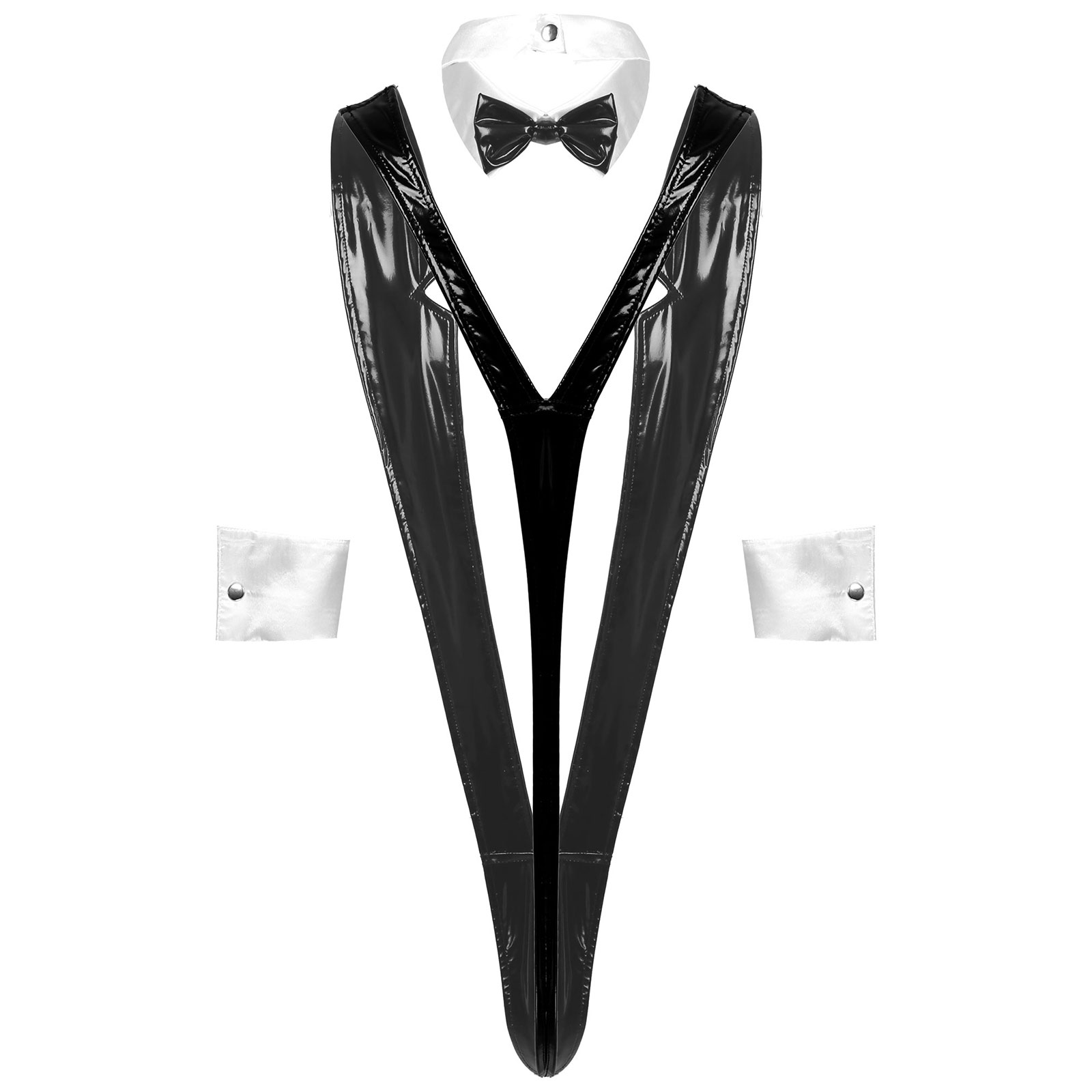 Mens Erotic Sexy Mankini Bodysuit Deep V Neck Patent Leather Bodysuit Club Lingerie Clubwear with Bow Tie Detachable Cuff
Mens Erotic Sexy Mankini Bodysuit Deep V Neck Patent Leather Bodysuit Club Lingerie Clubwear with Bow Tie Detachable Cuff