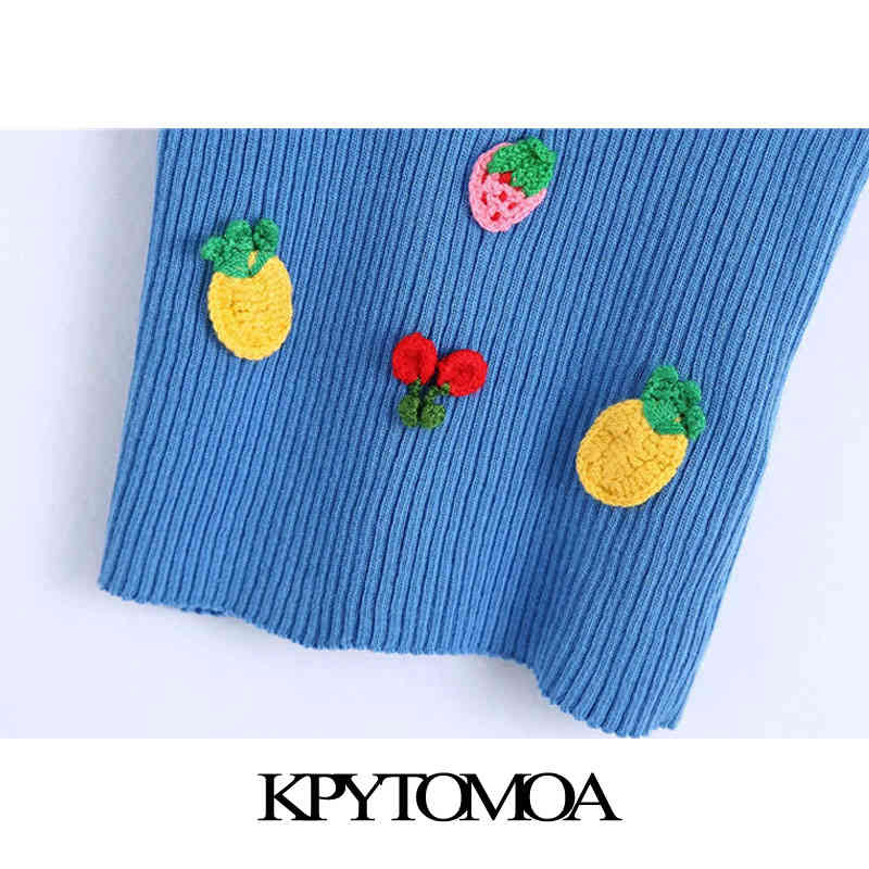 Women Fashion Patchwork Fruit Embroidery Ribbed Tank Tops Vintage V Neck Thin Straps Female Camis Mujer 210416