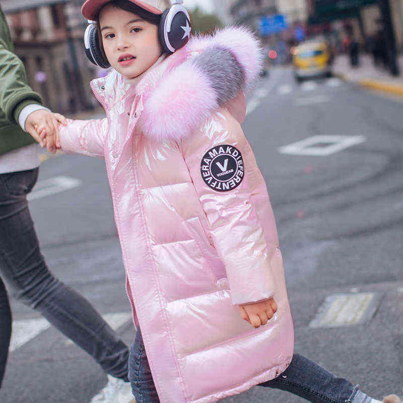 Winter Down Jacket For Girls Coat Waterproof Shiny Hooded Children Outerwear Clothing 5-14 Year Teenage Kids Parka Snowsuit 211111
