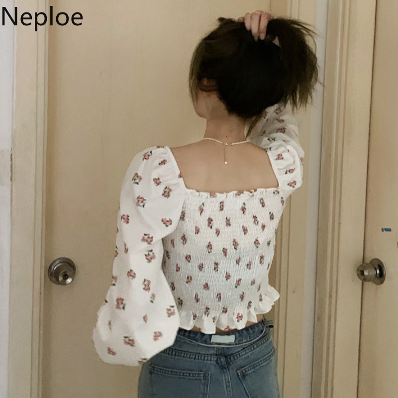 Neploe Clothes for Women Tops Slash Neck Floral Print Blouse Slim Fit Sexy Shirts Drawstring Crop Top Korean Cute Blouses 210422