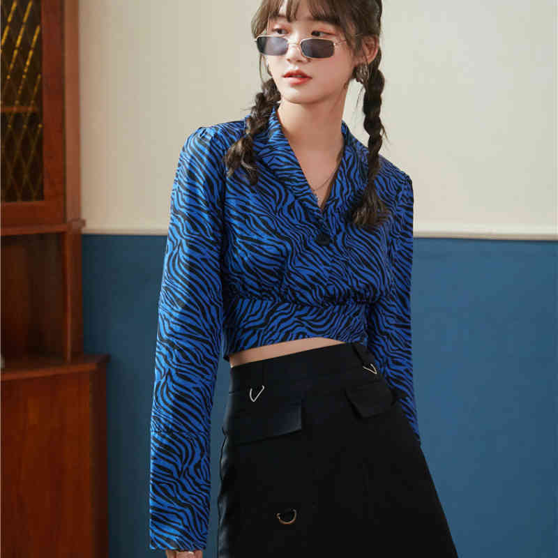 Nomikuma Korean Zebra Stripe Short Blouse Long Sleeve Notched Collar Women Tops Bow Bandage Slim Waist Blusas Shirt 6G921 210427