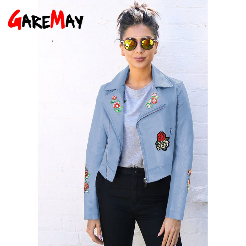 Women Floral Print Embroidery Faux Leather Jacket Coat Turn-down Collar Casual Pu Motorcycle Black Punk Outerwear plus size 210428